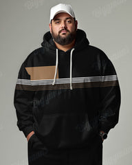 Men's Daily Casual Black Colorblock Stripe Print Big & Tall Hoodie Set