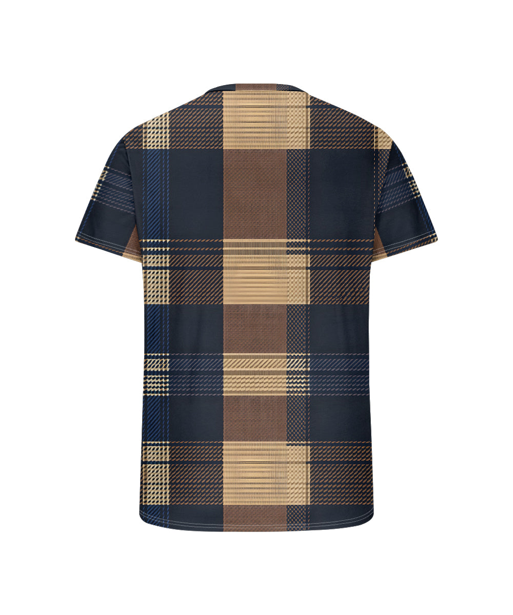 Men's Plus Size Casual Daily Retro Blue Plaid Print Henry Collar Button Short Sleeve T-Shirt