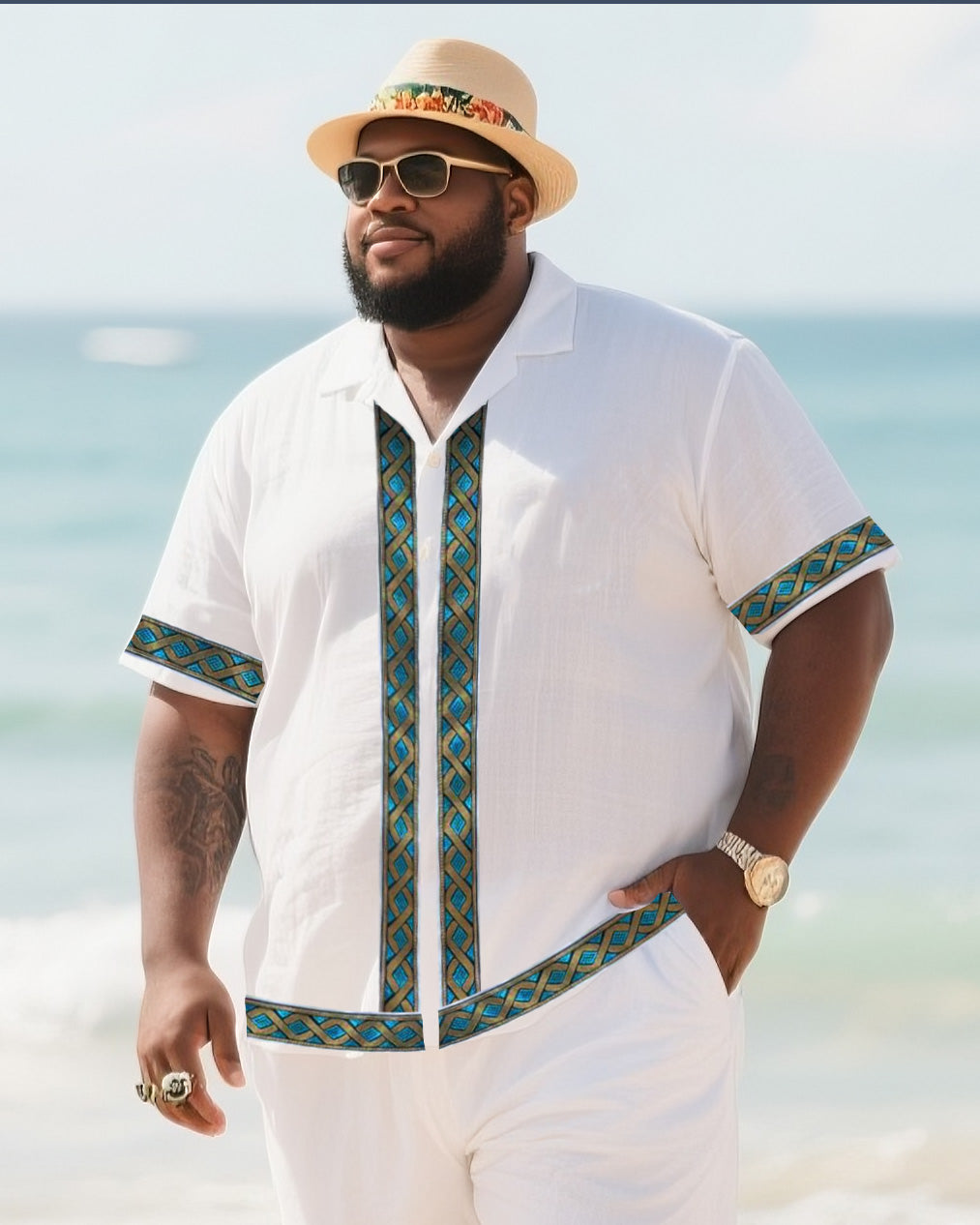 Big Men's Vacation Casual Bohemian Style Green Vintage Striped Edge Textured White Short Sleeve Shirt Shorts Suit