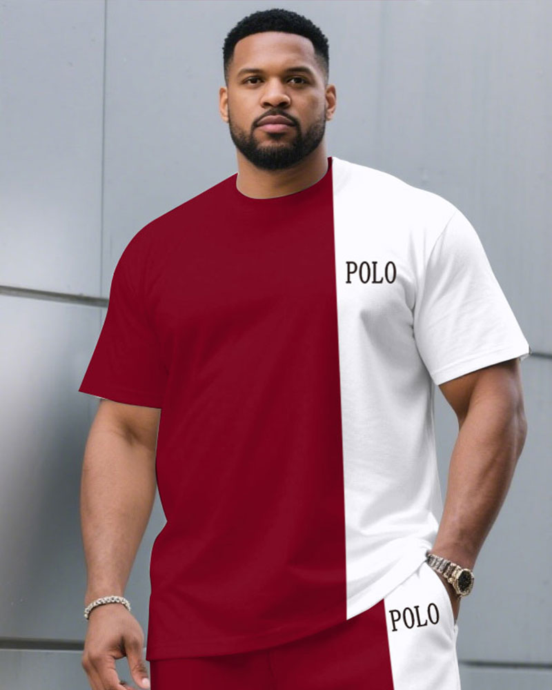 Men's Plus Size Fashion Casual Red & White Stitching Crewneck Short-sleeved T-shirt Half-length Pants Suit