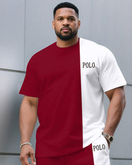 Men's Plus Size Fashion Casual Red & White Stitching Crewneck Short-sleeved T-shirt Half-length Pants Suit