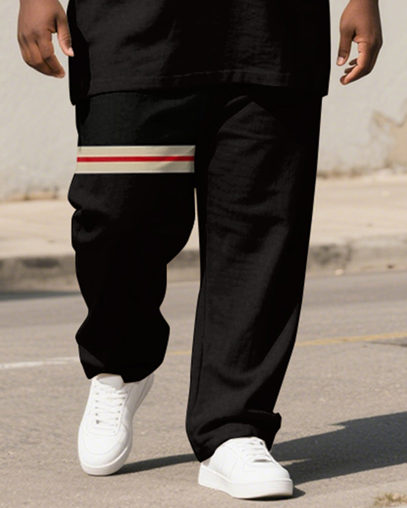 Men's Plus Size Black Khaki Color Block Line Print Henry Collar T-shirt Trousers Suit