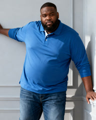 Men's Large Size Four Seasons Blue Neckline Business Color Matching White Pullover Button Stretch POLO Long Sleeve Shirt