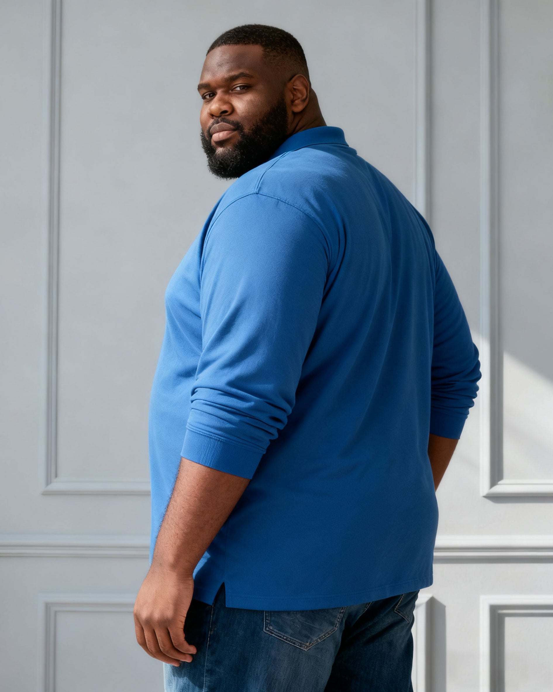 Men's Large Size Four Seasons Blue Neckline Business Color Matching White Pullover Button Stretch POLO Long Sleeve Shirt