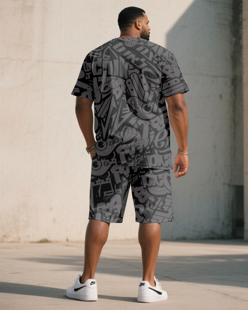 Big & Tall Men' Gray High-end Jacquard Street Pattern Short Sleeve T-shirt Shorts Set