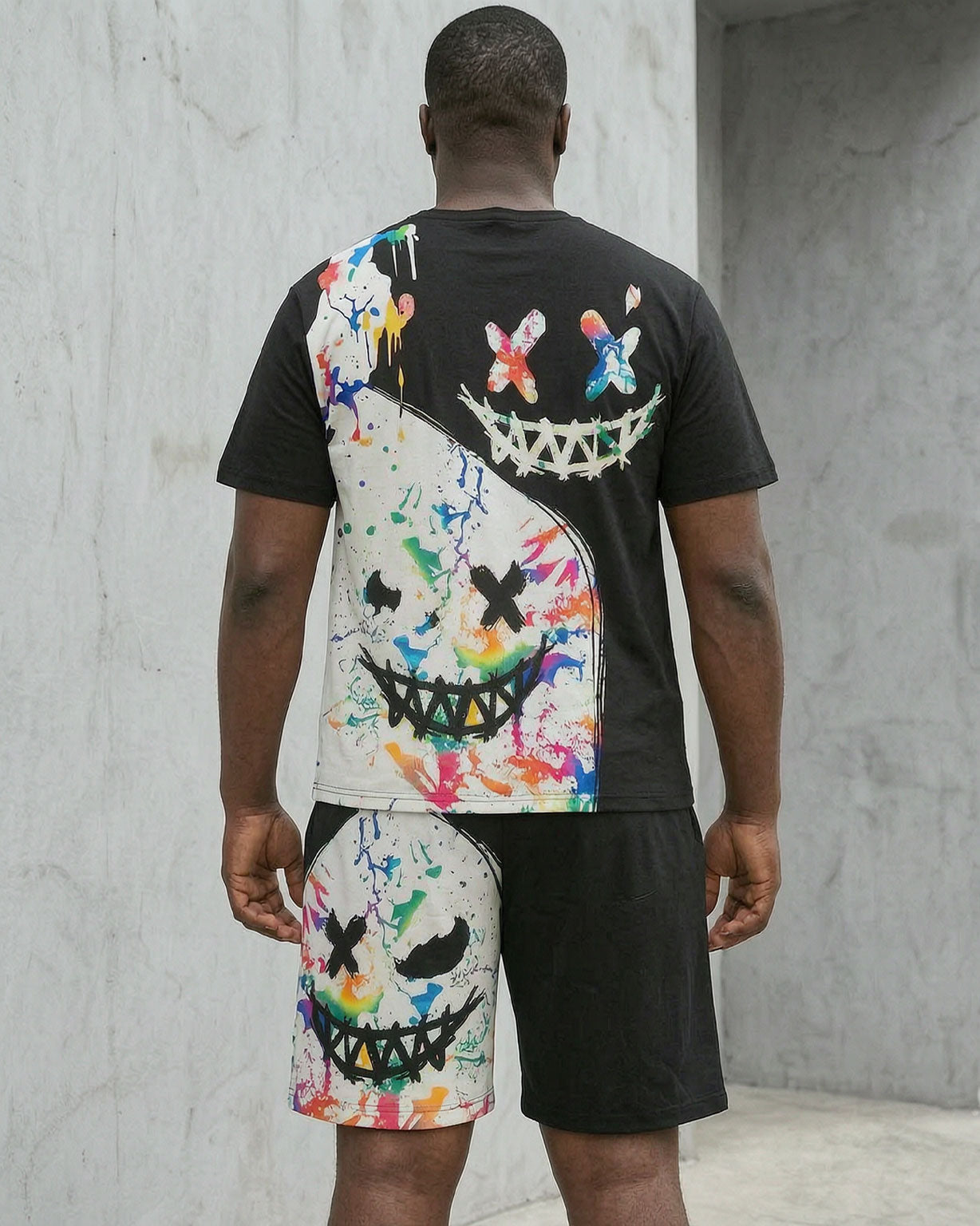 Big & Tall Men' Graffiti Funny Face Street T-shirt Shorts Set