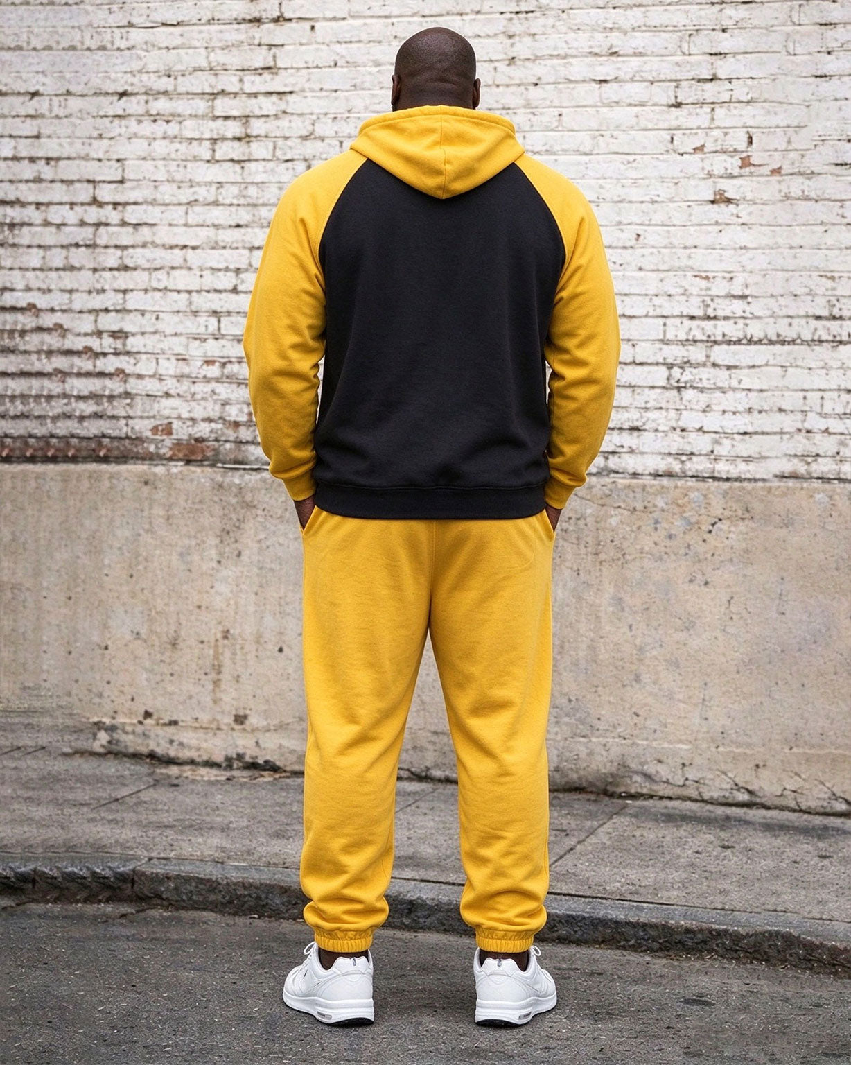Large Size Men's Autumn And Winter Warm Sleeves Patchwork Yellow Printed Hoodie Sweatpants Set