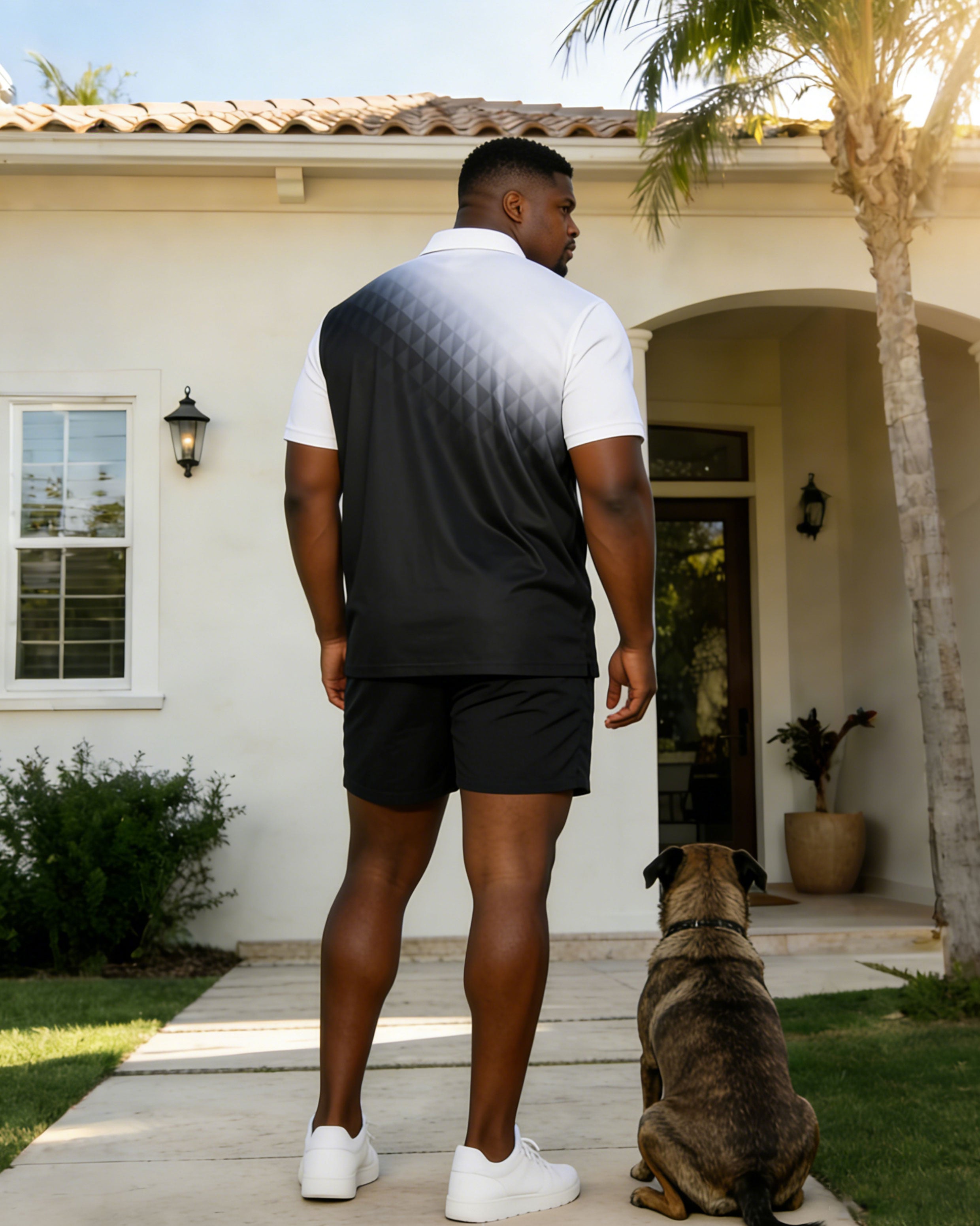 Men's Large Size Gradient Geometric Polo Shirt Short Sleeve Shorts Set