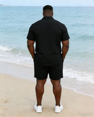 Men's Large Size Chest Patch Pocket Ethnic Pattern Stitching Printed Short Sleeve Shirt Shorts Suit