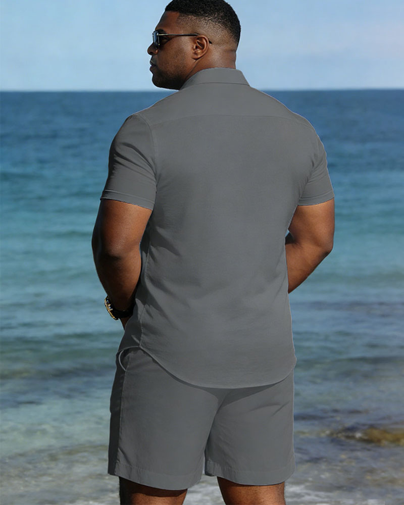 Big & Tall Men's Spring And Summer New Casual Vacation Simple Grey Short Sleeve Shirt And Shorts Set