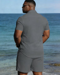Big & Tall Men's Spring And Summer New Casual Vacation Simple Grey Short Sleeve Shirt And Shorts Set