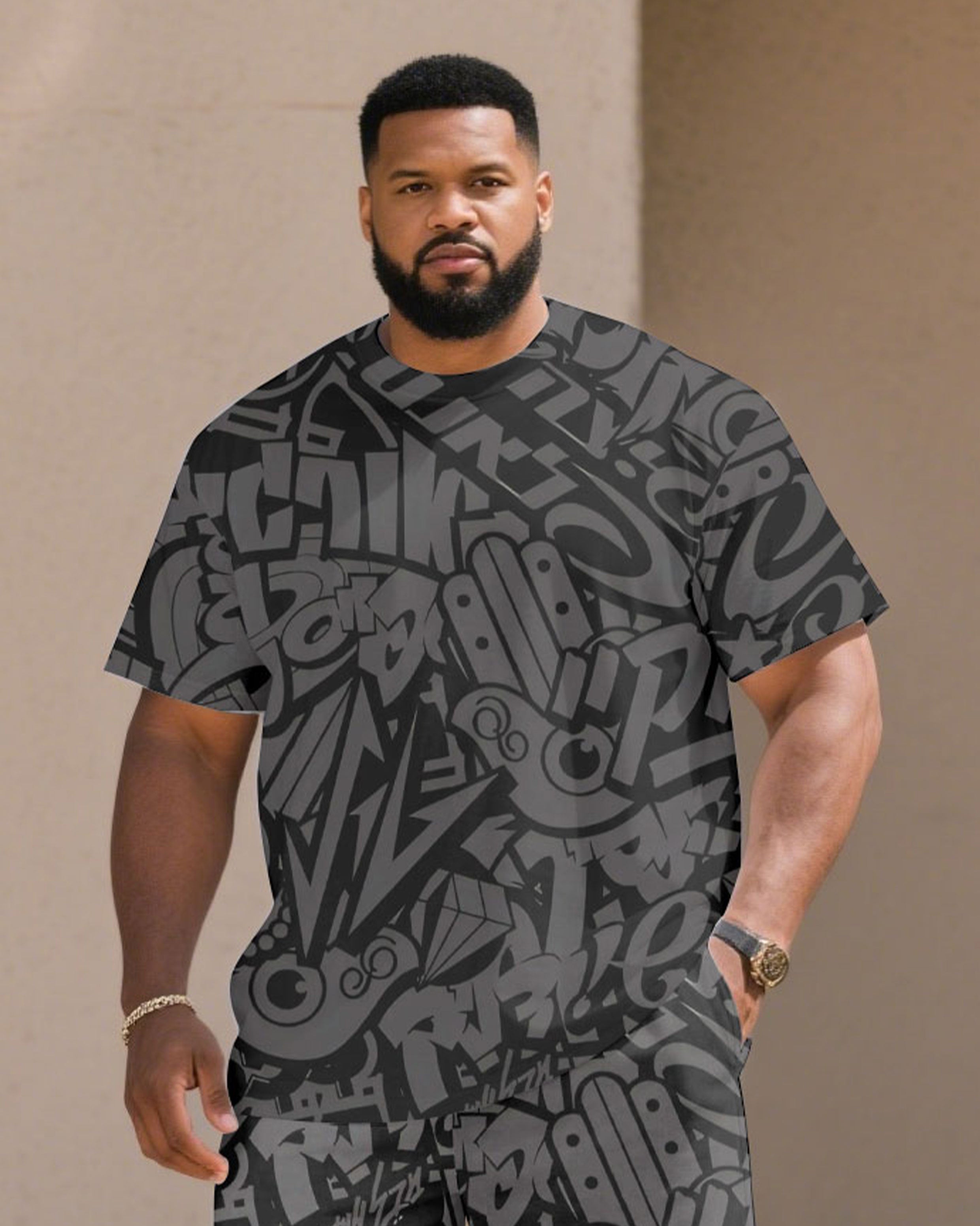 Big & Tall Men' Gray High-end Jacquard Street Pattern Short Sleeve T-shirt Shorts Set