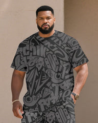 Big & Tall Men' Gray High-end Jacquard Street Pattern Short Sleeve T-shirt Shorts Set