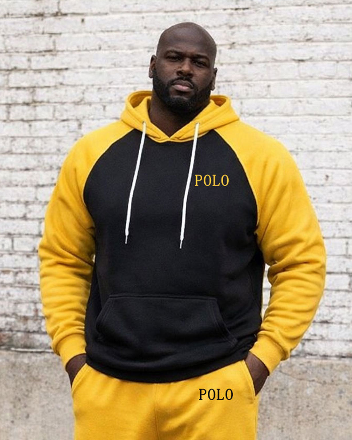 Large Size Men's Autumn And Winter Warm Sleeves Patchwork Yellow Printed Hoodie Sweatpants Set