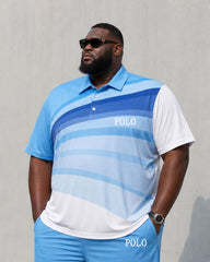 Big & Tall Men's Blue & White Gradual Gradual Gradual Change Casual Sports POLO Shirt Short Sleeve Shorts Set