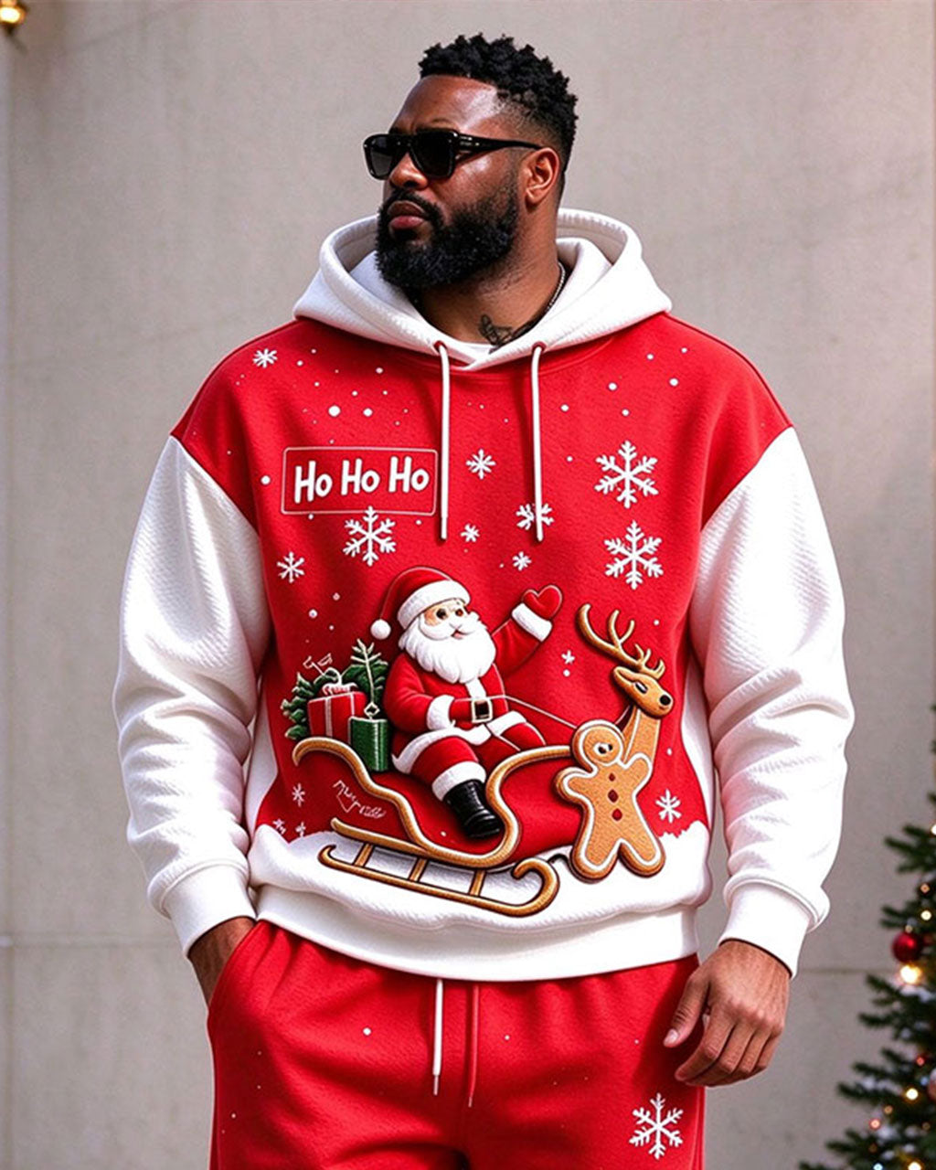 Large Size Men's Warm Autumn And Winter Merry Christmas Snowflake Pattern Printed Hoodie Sweatpants Set