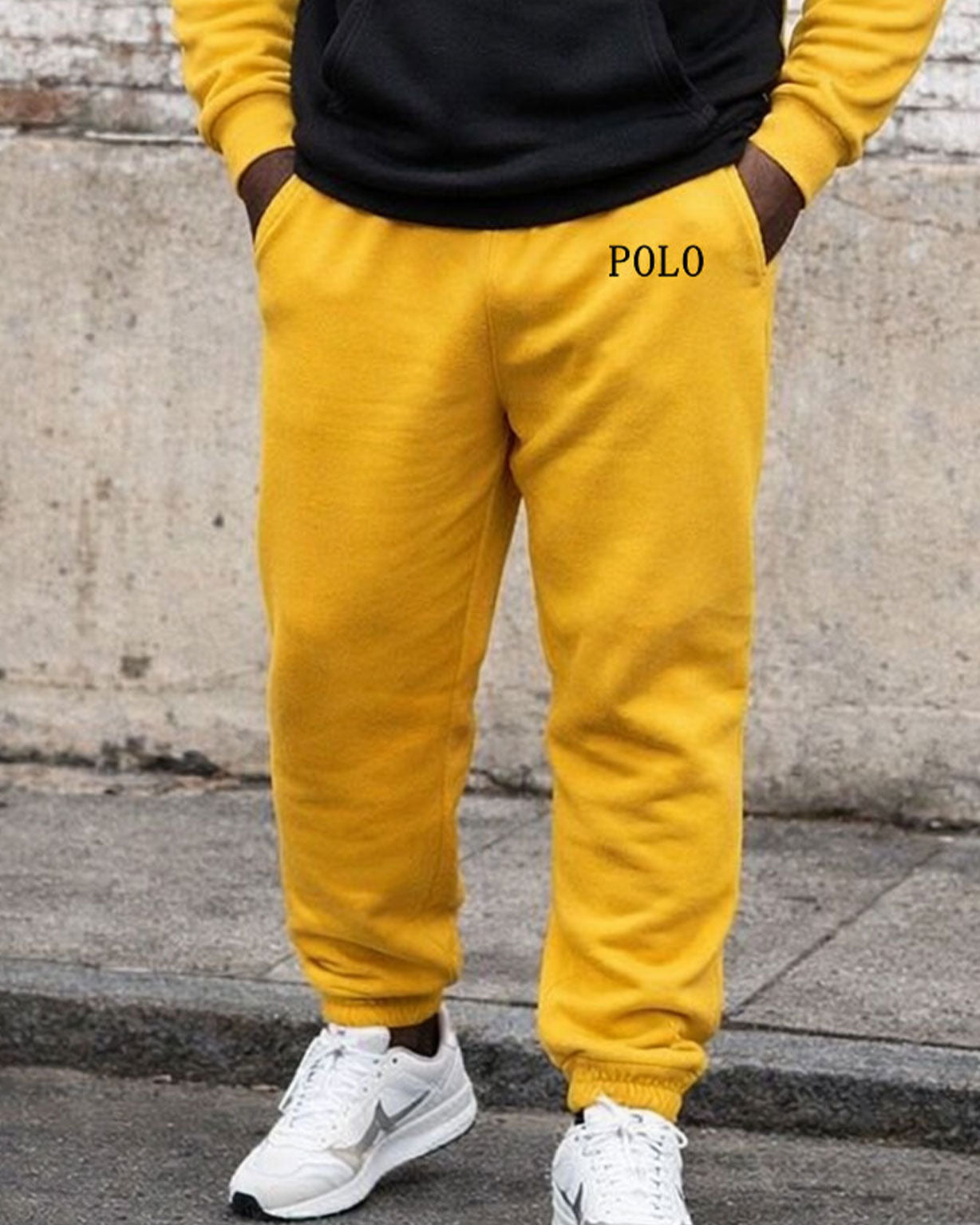 Large Size Men's Autumn And Winter Warm Sleeves Patchwork Yellow Printed Hoodie Sweatpants Set