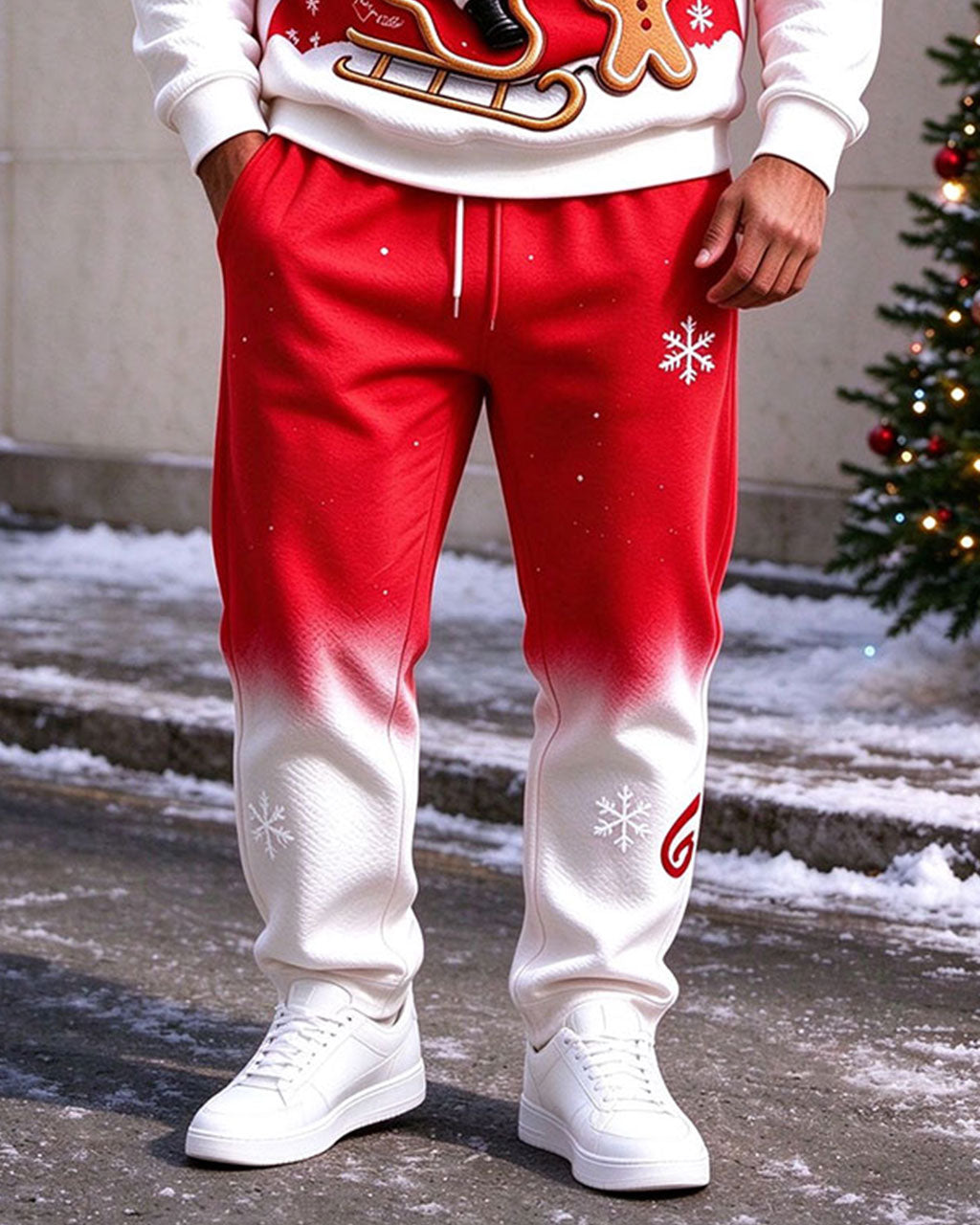 Large Size Men's Warm Autumn And Winter Merry Christmas Snowflake Pattern Printed Hoodie Sweatpants Set