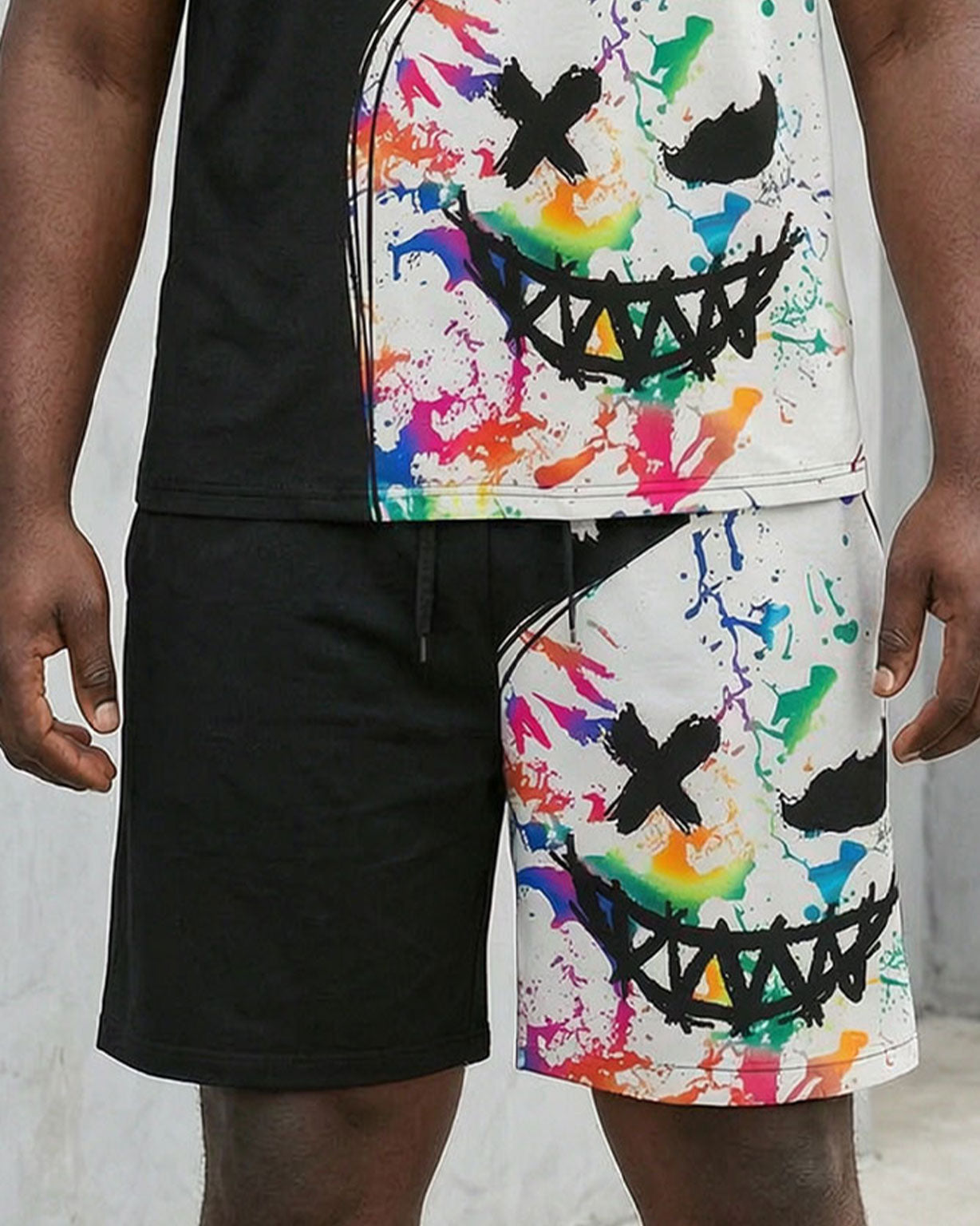 Big & Tall Men' Graffiti Funny Face Street T-shirt Shorts Set