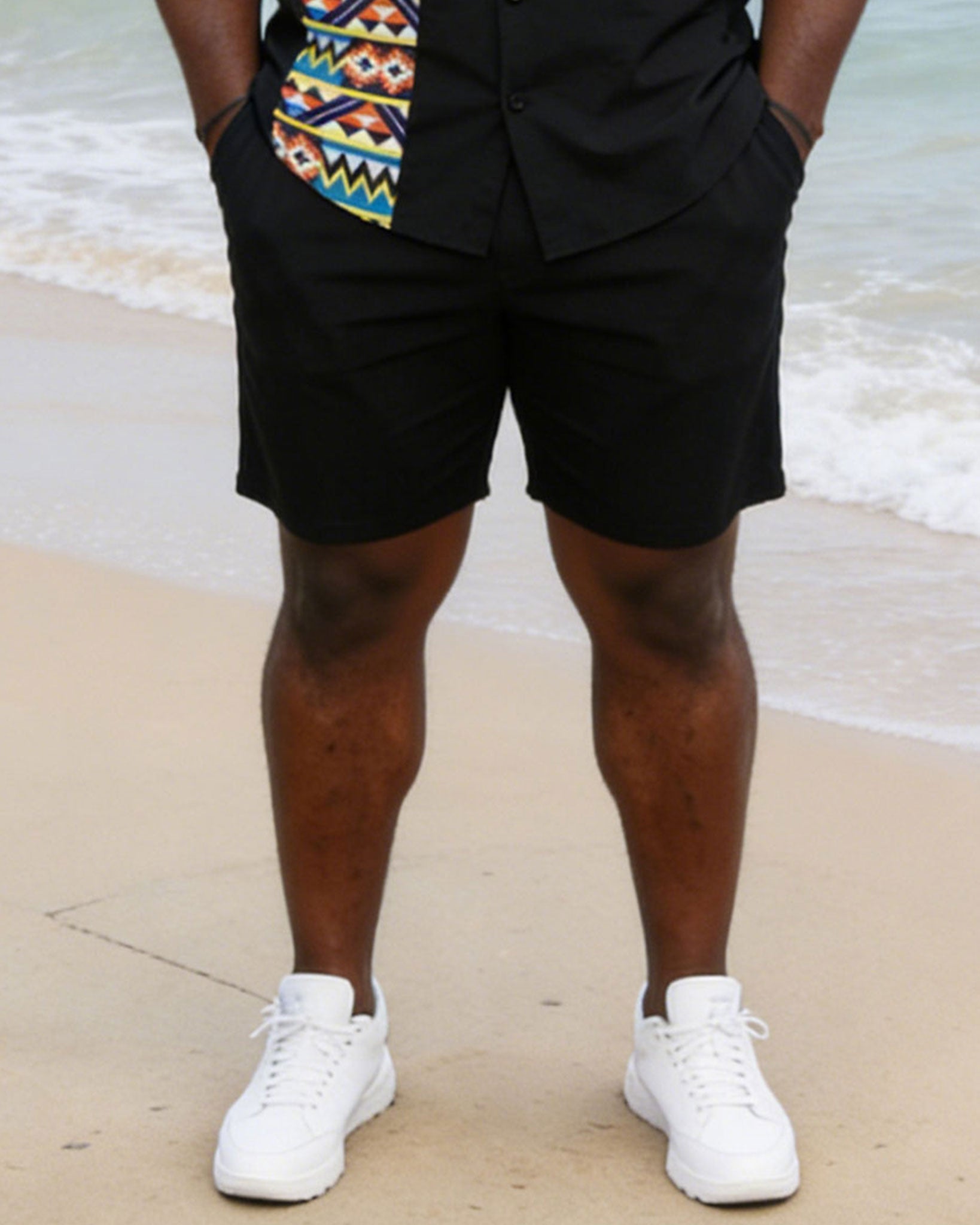 Men's Large Size Chest Patch Pocket Ethnic Pattern Stitching Printed Short Sleeve Shirt Shorts Suit