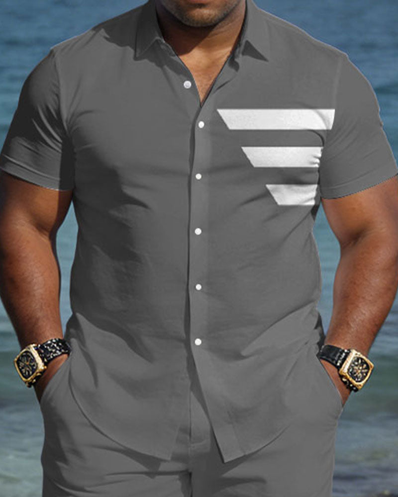 Big & Tall Men's Spring And Summer New Casual Vacation Simple Grey Short Sleeve Shirt And Shorts Set