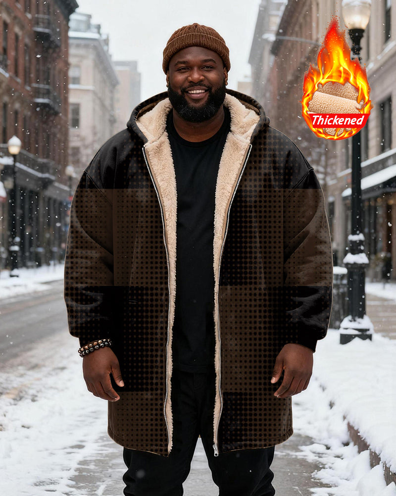 Big & Tall Men's Retro Wave Dot Stitching Printed Velvet Padded Long Hooded Coat