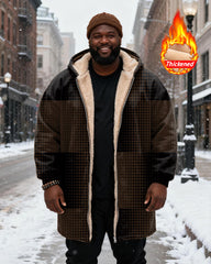 Big & Tall Men's Retro Wave Dot Stitching Printed Velvet Padded Long Hooded Coat