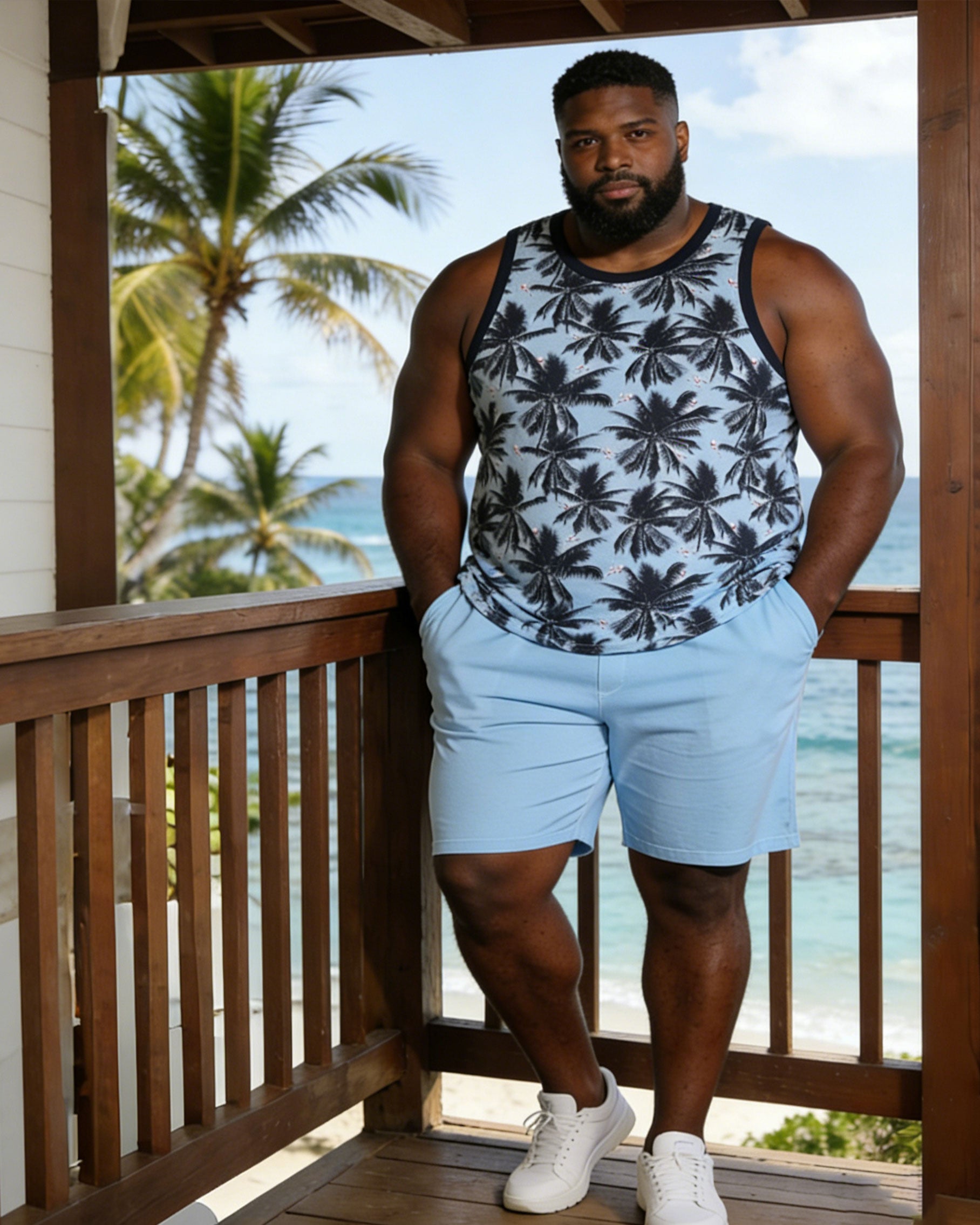 Leaves Quartet Continuous Print Blue Vest Shorts Set Large Size Men