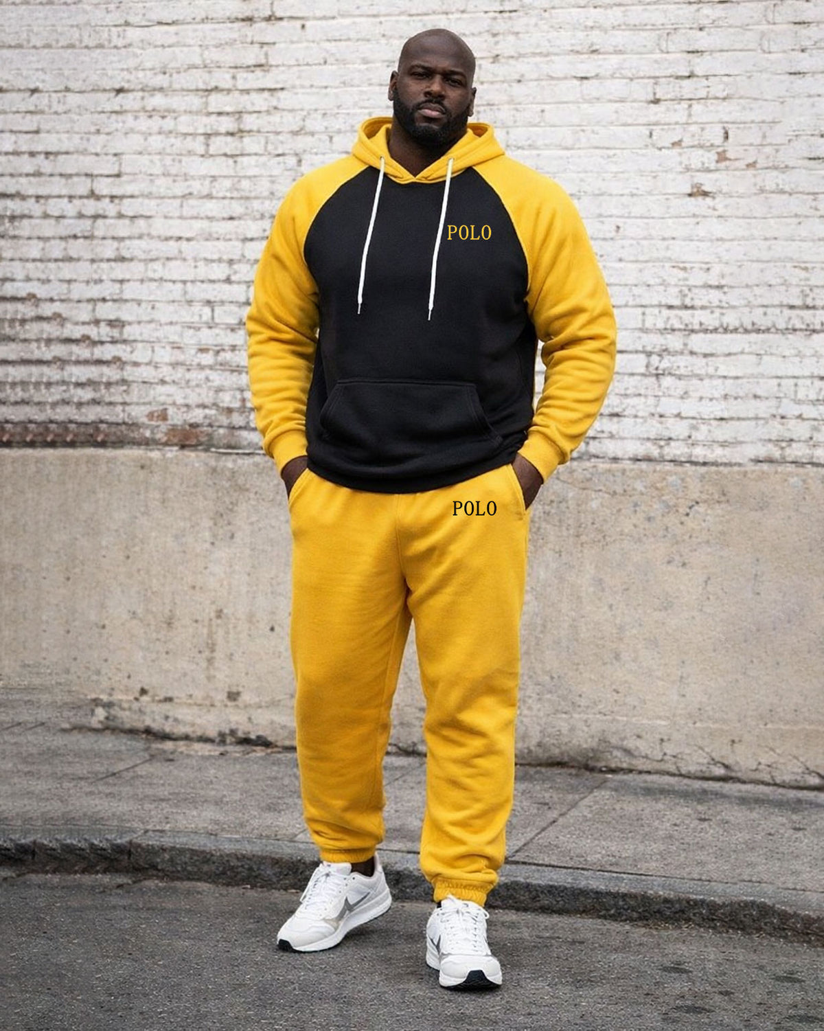 Large Size Men's Autumn And Winter Warm Sleeves Patchwork Yellow Printed Hoodie Sweatpants Set