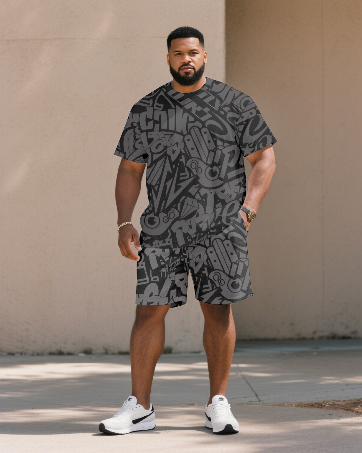 Big & Tall Men' Gray High-end Jacquard Street Pattern Short Sleeve T-shirt Shorts Set