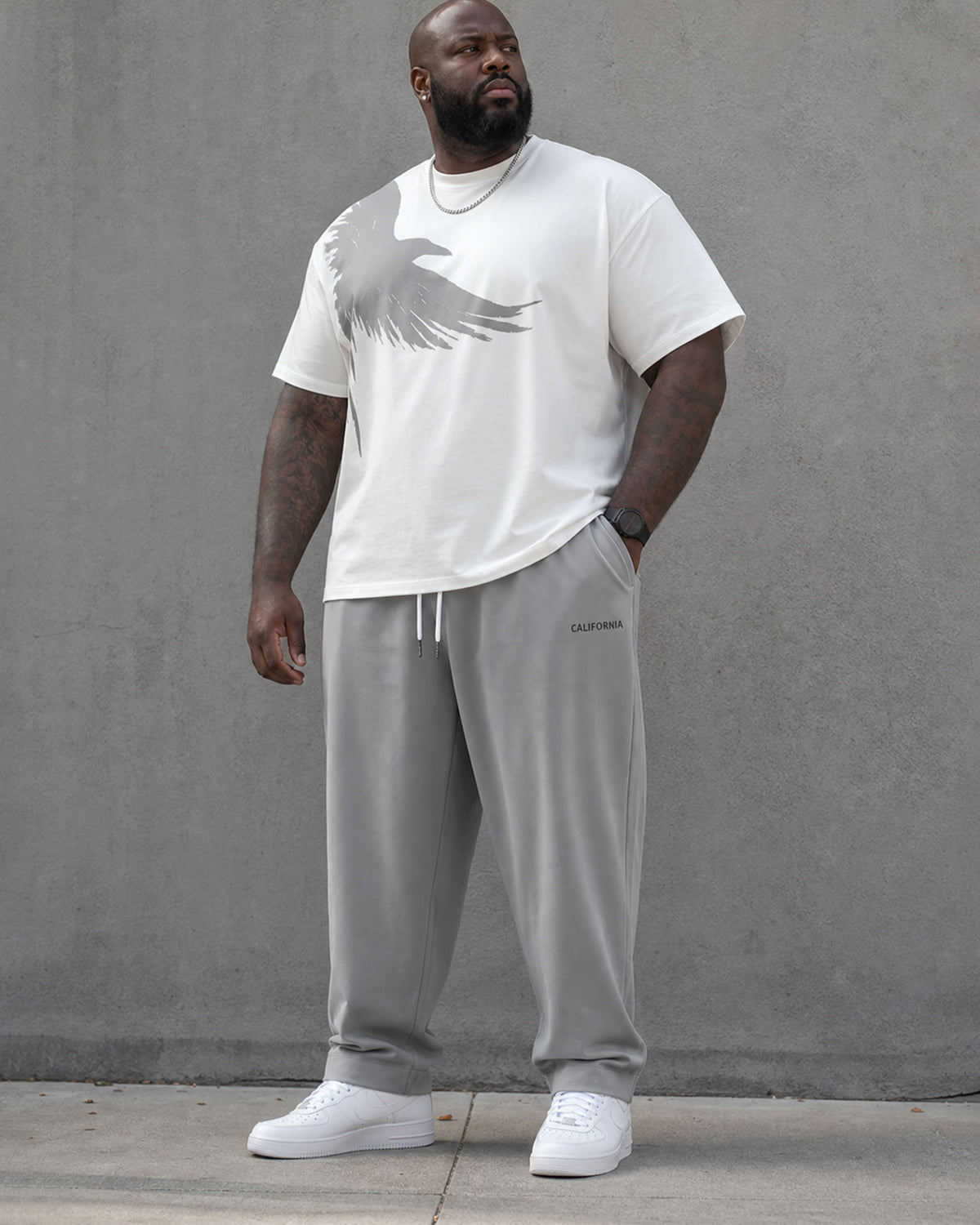 Big & Tall Men's Grey & White Shoulder Eagle Silhouette Print Short Sleeve T-Shirt Pants Set