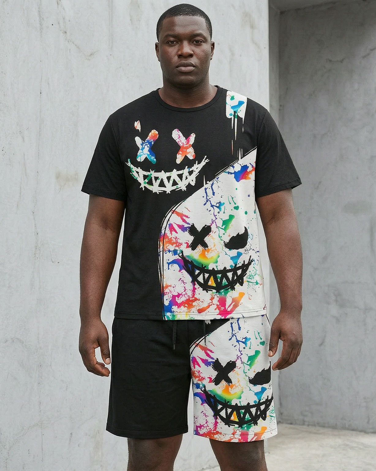 Big & Tall Men' Graffiti Funny Face Street T-shirt Shorts Set