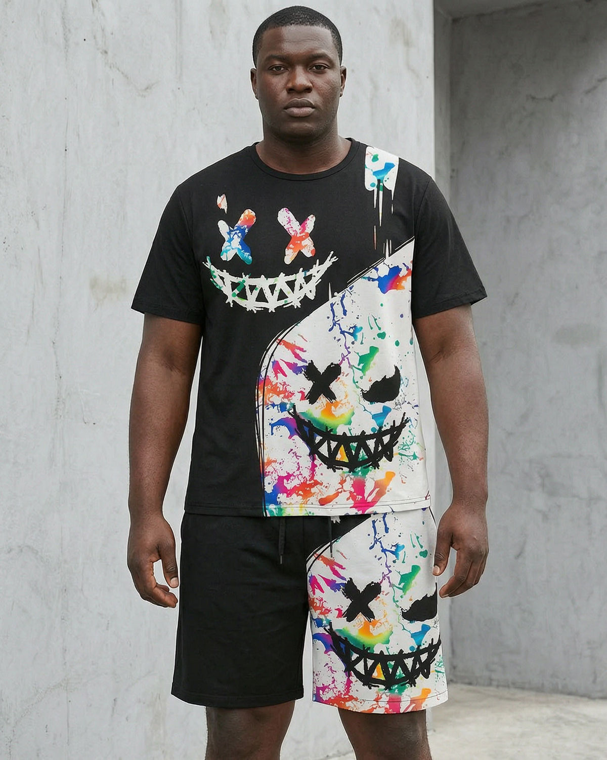 Big & Tall Men' Graffiti Funny Face Street T-shirt Shorts Set