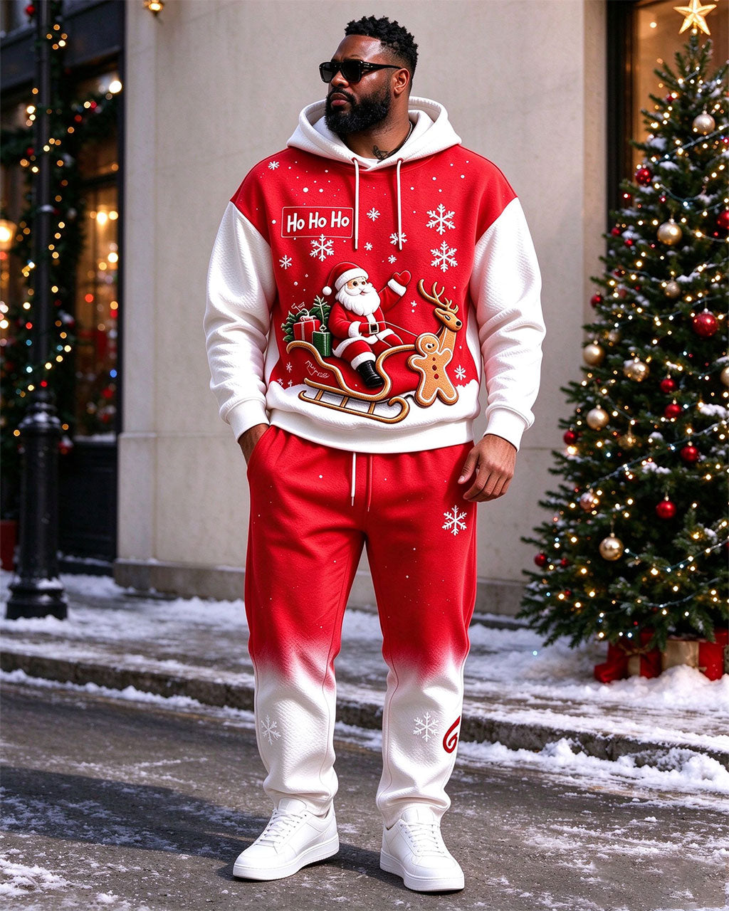 Large Size Men's Warm Autumn And Winter Merry Christmas Snowflake Pattern Printed Hoodie Sweatpants Set