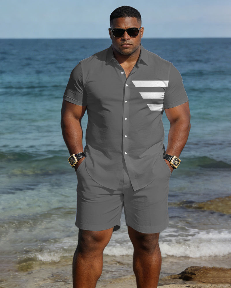 Big & Tall Men's Spring And Summer New Casual Vacation Simple Grey Short Sleeve Shirt And Shorts Set