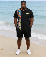 Men's Large Size Chest Patch Pocket Ethnic Pattern Stitching Printed Short Sleeve Shirt Shorts Suit