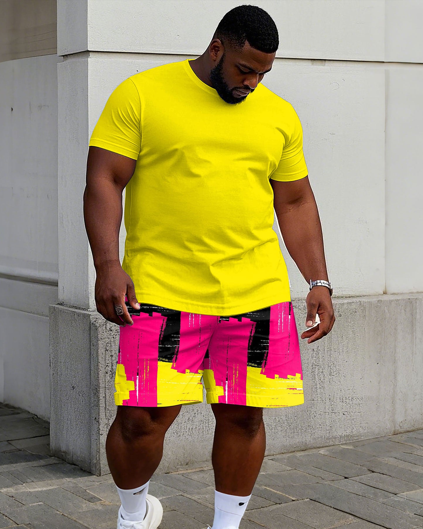 Big & Tall Men's Yellow Solid Color T-Shirt Graffiti Print Shorts Set