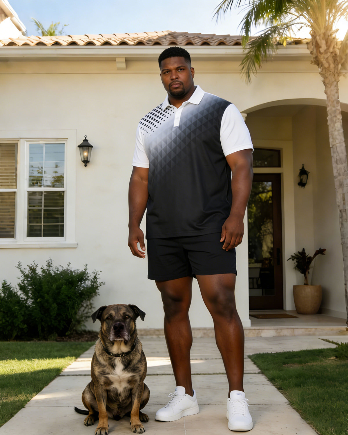 Men's Large Size Gradient Geometric Polo Shirt Short Sleeve Shorts Set