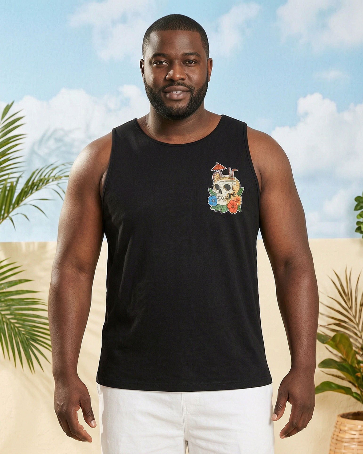 Big & Tall Men's Hawaiian Skull Flower Straw Print Short Sleeve Tee