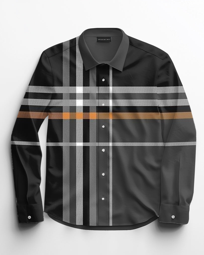 Men's Plus Size Dark Gray Classic Print Long Sleeve Lapel Shirt 2-Piece Set