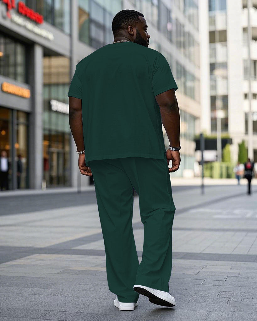 Big & Tall Men's White & Green Contrast Stripe Stitching Chest Pony Label Printed Short Sleeve T-shirt Pants Set
