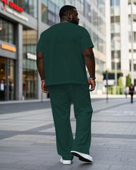 Big & Tall Men's White & Green Contrast Stripe Stitching Chest Pony Label Printed Short Sleeve T-shirt Pants Set