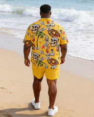 Plus Size Men's Yellow Carnival Party Vacation Skull Hawaiian Print Short Sleeve Shirt Shorts Set
