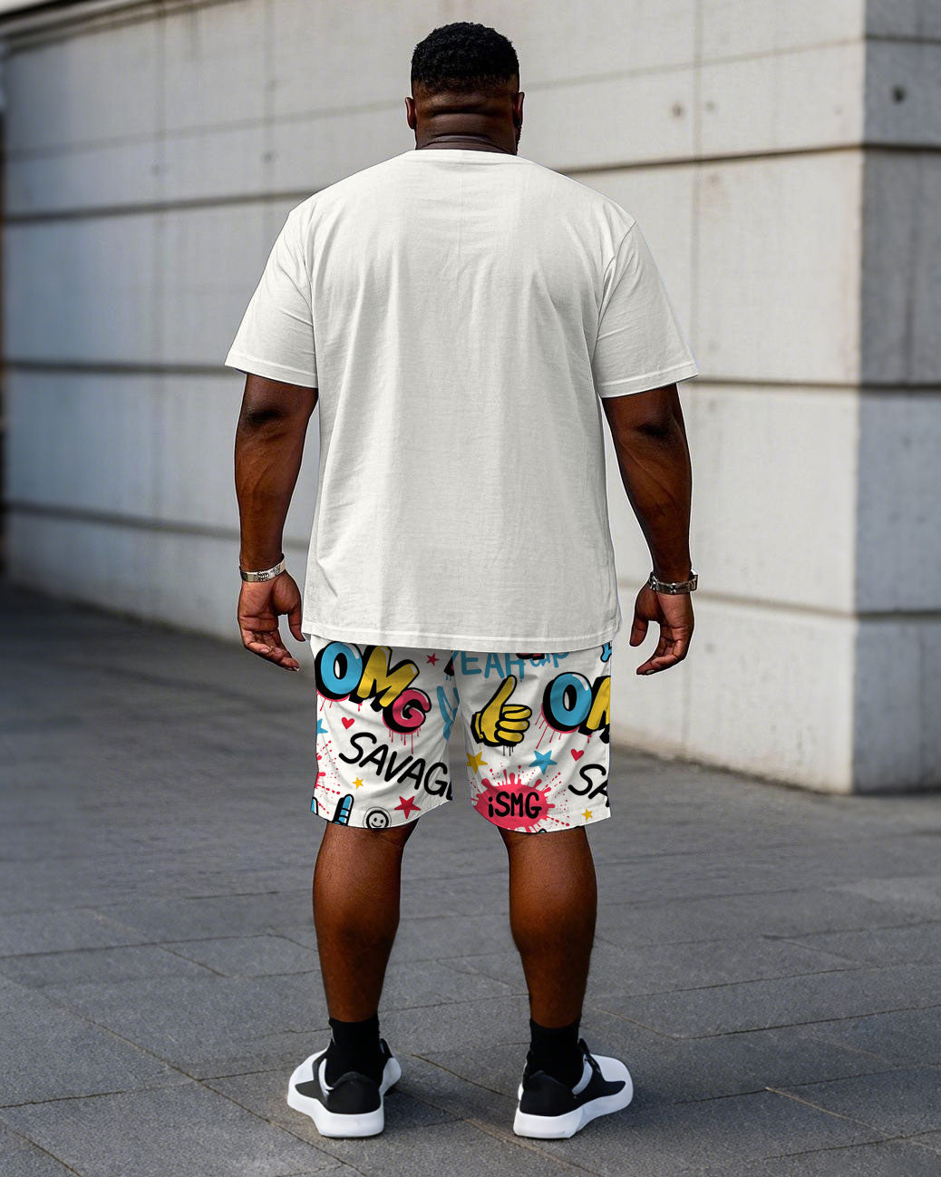 Big & Tall Men's Street Fashion Hand Graffiti Print Short Sleeve T-Shirt Shorts Set