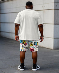 Big & Tall Men's Street Fashion Hand Graffiti Print Short Sleeve T-Shirt Shorts Set