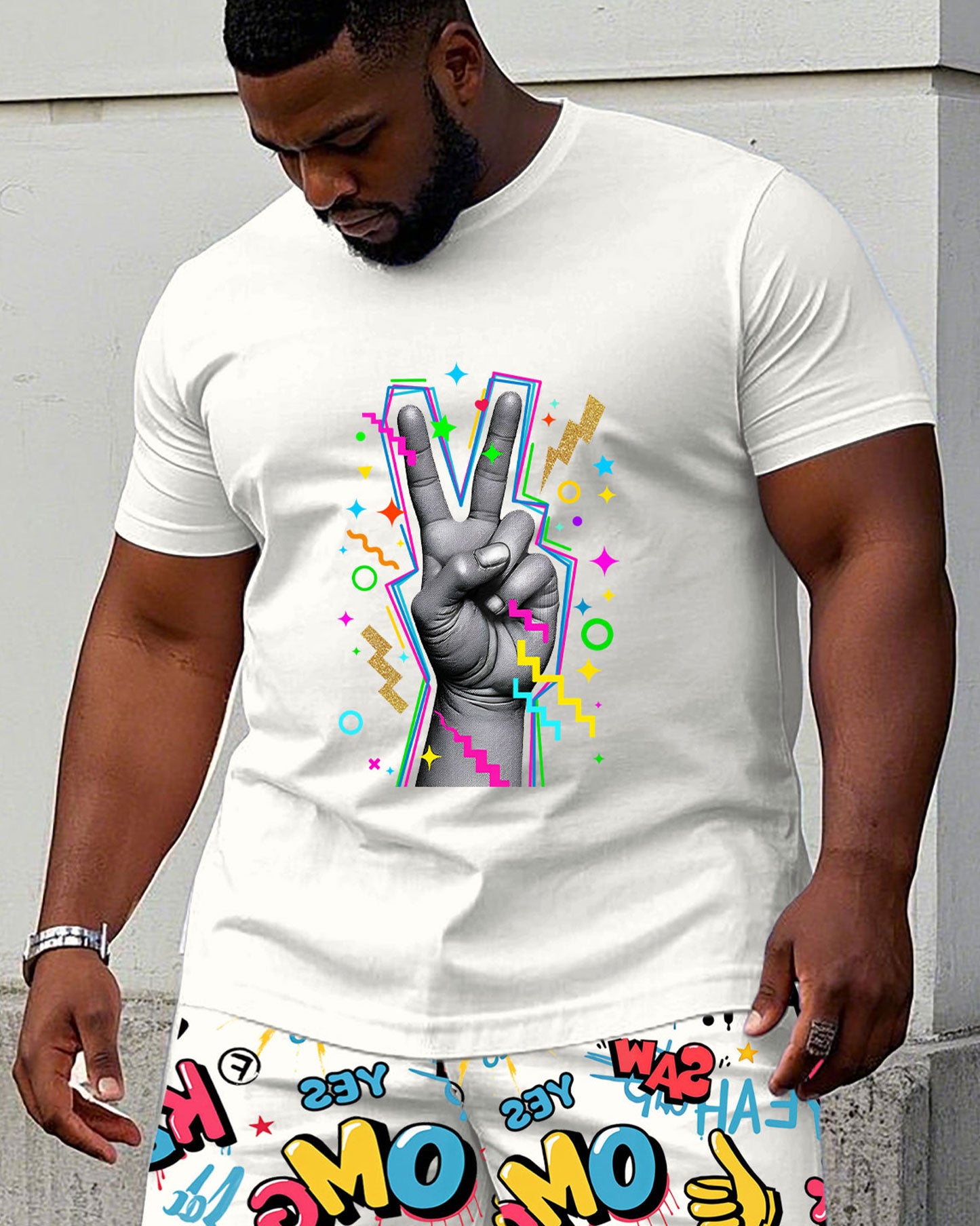 Big & Tall Men's Street Fashion Hand Graffiti Print Short Sleeve T-Shirt Shorts Set