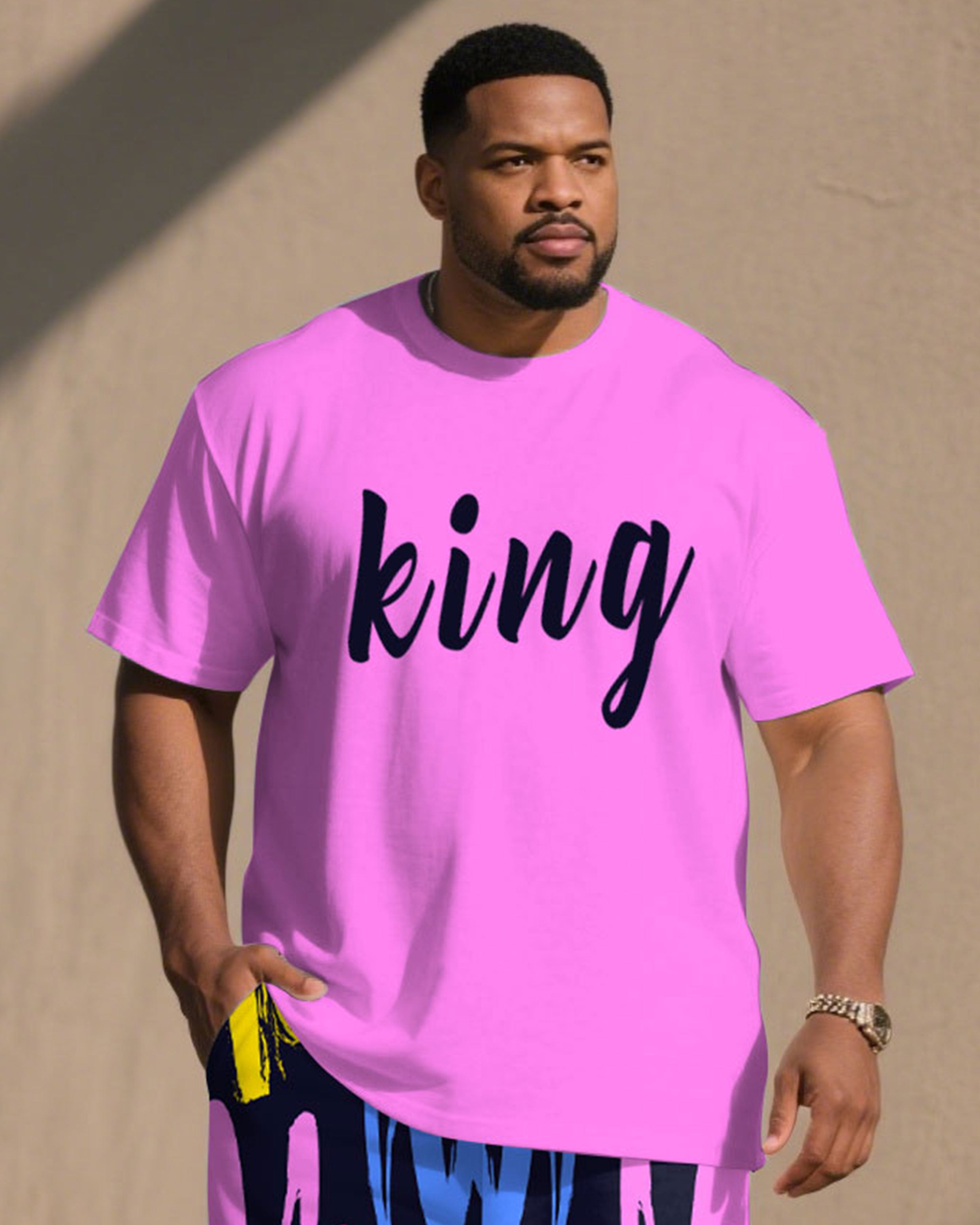 Big & Tall Men' Pink Graffiti Simple Jacket "KING" Slogan Printed Short Sleeve T-Shirt Shorts Set
