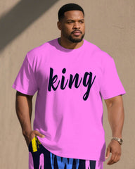 Big & Tall Men' Pink Graffiti Simple Jacket "KING" Slogan Printed Short Sleeve T-Shirt Shorts Set
