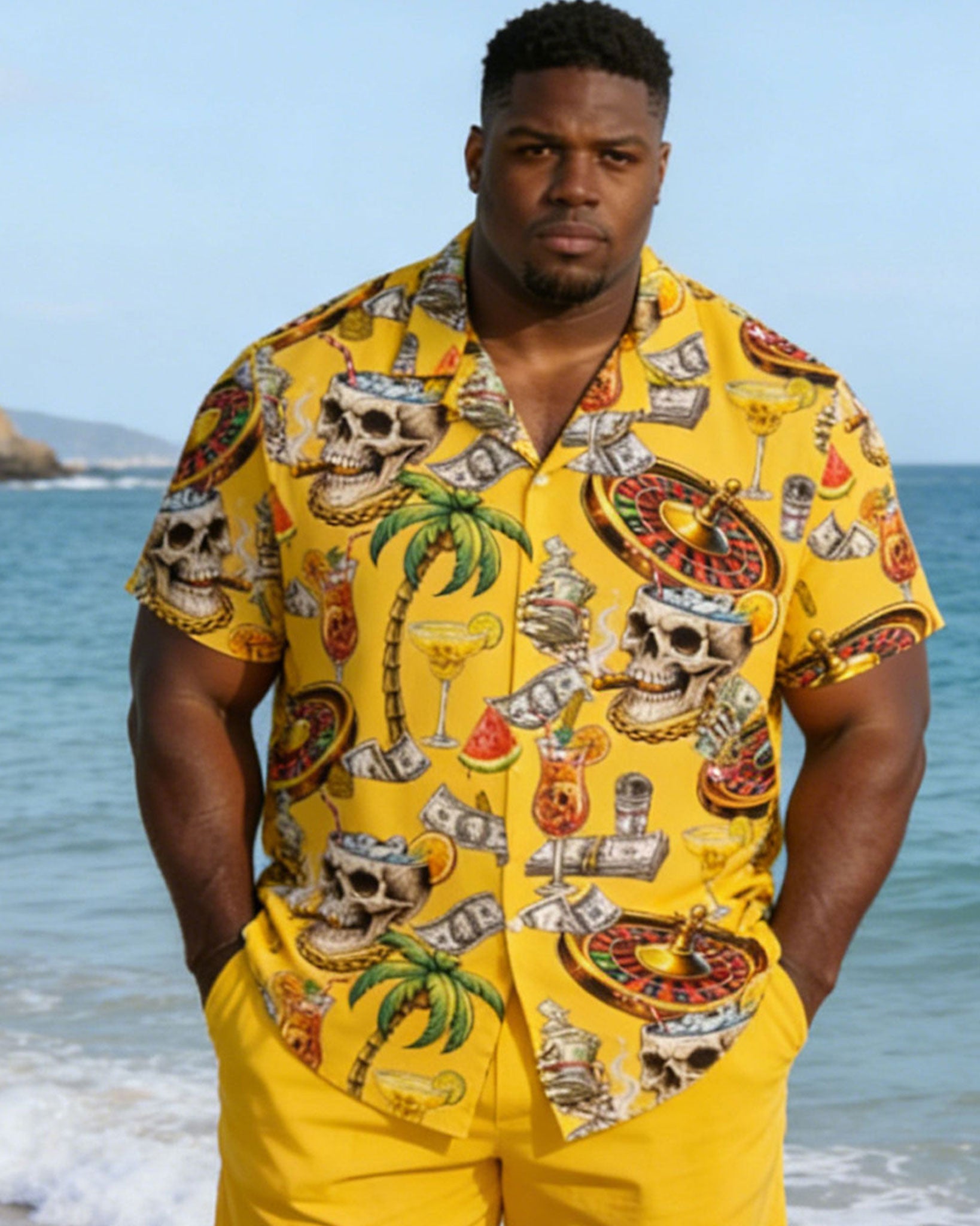 Plus Size Men's Yellow Carnival Party Vacation Skull Hawaiian Print Short Sleeve Shirt Shorts Set