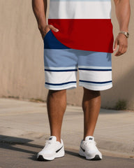 Men's Large Size Multi-color Casual Short-sleeved Shorts Set